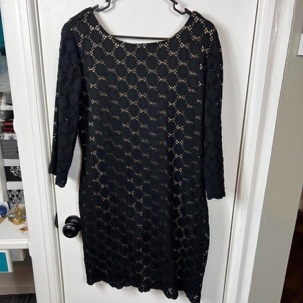 RN Studio by Ronni Nicole Black Lace Overlay Dress Nude Lining Scalloped 14P - Picture 2 of 8